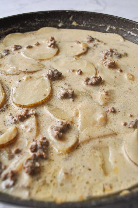 In 30 minutes, you can have this simple Potato Stroganoff on the dinner table. This easy recipe combines seasoned ground beef, tangy sour cream, beef broth, potatoes, and onions for a hearty meal that pleases even picky eaters. Stroganoff is one of those classic comfort foods that's popular because it's savory, affordable, and uncomplicated. Once you see just how simple it is to make homemade potato stroganoff, you'll never opt for the boxed version again. #newrecipe #dinnerideas #quickmeals Beef Stroganoff Potatoes, Potato Hamburger Helper, Easy Stroganoff Recipe Ground Beef, Recipe With Ground Beef And Potatoes, Potato Ground Beef, Scalloped Potatoes And Ground Beef, Potato Stroganoff, Ground Beef And Small Potato Recipes, Ground Beef And Potato Recipes Oven