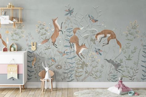 Fox Print Wallpaper Removable Peel and Stick Mural Foxes and - Etsy Australia Fox Wallpaper Accent Wall, Wallpaper With Foxes, Fairy Woodland Wallpaper, Fox Woodland Nursery, Peel And Stick Wallpaper Kids, Peel And Stick Wallpaper Nursery, Woodland Mural, Removable Wallpaper Nursery, Fox Wallpaper