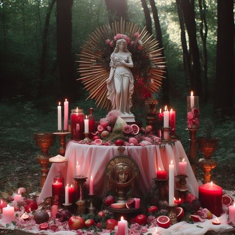 Red Aphrodite Aesthetic, Dark Goddess Altar, Altar Ideas For Aphrodite, Altar For Persephone, Persephone Decor, Dionysian Aesthetic, Black Aphrodite Aesthetic, Dark Aphrodite Aesthetic, Hellenism Altar