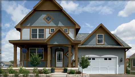 Blue and brown craftsman Brown And Blue House Exterior, Blue House With Brown Trim, Brown Trim House Exterior, Brown Exterior House Colors, Blue Siding House, Blue Exterior House Colors, Brown House Exterior, Light Blue Houses, Dark Blue Houses