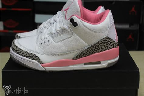 Super Perfect Air Jordan 3 White And Pink GS Pink Jordan 3, Jordan 4 Retro Pink, Light Pink Jordans, Pink 11s, Pink Jordans, Pink Nike Shoes, White Nike Shoes, Purple Sneakers, Pretty Sneakers