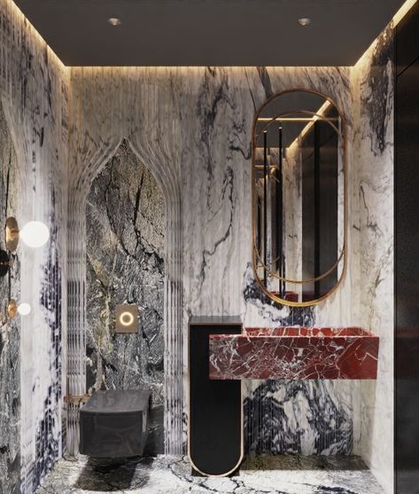 Toilet With Wallpaper, Luxury Toilet Design Modern, Powder Washroom, Luxury Toilet Design, Narrow Bathroom Designs, Toilet Design Modern, Glam Interior Design, Double Height Living Room, Marble Basin