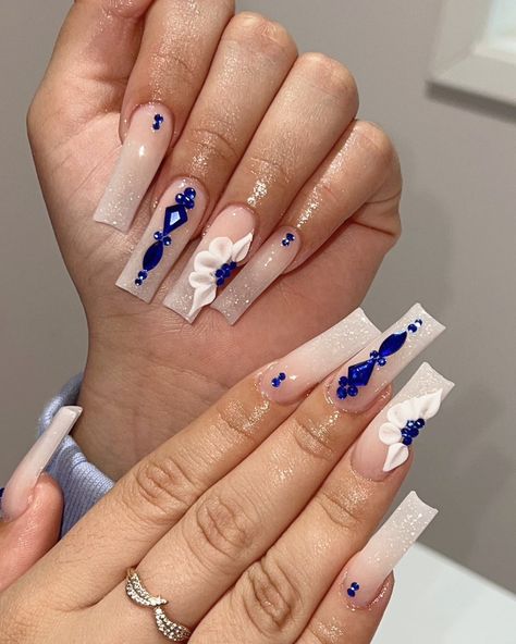 Blue Prom Nails, Quince Nails, Quinceanera Nails, Red And Gold Nails, Blue And White Nails, Royal Blue Nails, Square Press On Nails, Navy Blue Nails, Flower Bundle