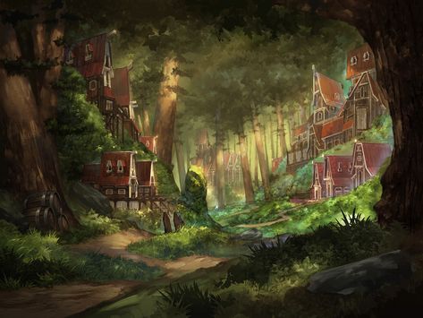 Forest, Dae hoon Lee on ArtStation at https://www.artstation.com/artwork/DO45n Village Concept Art Forest, Village In Forest, Forest Town, Forest Village Concept Art, Forest Kingdom, Forest Home Fantasy Art, Rainforest City Fantasy Art, Woodland City Fantasy Art, Forest Village