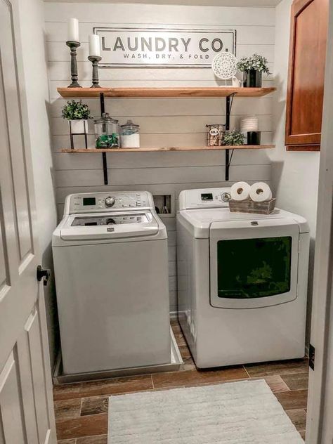 Raw Wood Shelves, Peel And Stick Shiplap, Laundry Closet Makeover, Laundy Room, Laundry Shelves, Room Revamp, Dream Laundry Room, Laundry Room Closet, Laundry Room Renovation