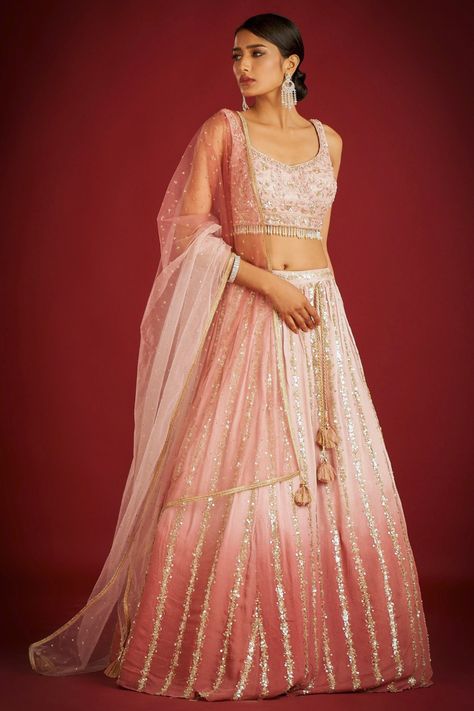 Pink Ombre Lehenga, Ombre Lehenga, Shaded Dupatta, Pastel Pink Ombre, Long Skirt Top Designs, Long Skirt And Top, Hand Embroidered Blouse, Work Skirt, Pink Lehenga