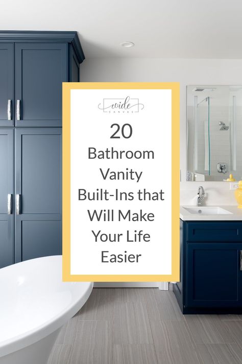 Most bathroom vanities include a sink, hard-to-access storage underneath the sink, and a drawer or two. Not good enough! A vanity can do so much more. Here are 20 vanity built-ins that will make your life easier, for example, a toe-kick drawer. With these features, it'll be easier to get ready in the morning. Easier to stay organized. Easier to clean up. Upgrade your bathroom with a custom vanity that meets all of your needs - whether outlets or stands or makeup organization. Bathroom Vanity With Sink On One Side, Ensuite Vanity Ideas, Bathroom Vanity With Side Cabinet, Built In Makeup Vanity In Bathroom, Dual Vanity Bathroom Ideas, Built In Vanity In Bathroom, Built In Bathroom Vanity, Built In Makeup Vanity, Makeup Vanity In Bathroom