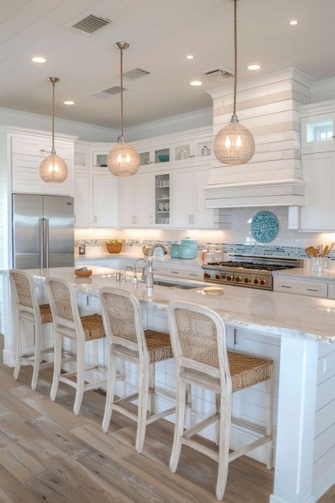 Beach House Interior Kitchen, Small Coastal Kitchen, Beachy Kitchen, Apt Kitchen, Beachy Kitchens, Coastal Kitchen Ideas, 2024 Beach, Coastal Farmhouse Kitchen, Tropical Kitchen