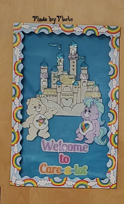 Care Bears Bulletin Board, Care Bear Classroom Theme, Care Bear Bulletin Board, Care Bear Classroom, Bear Bulletin Board Ideas, Class Door Decorations, Classroom Setup Elementary, Daycare Setup, Door Decorations College