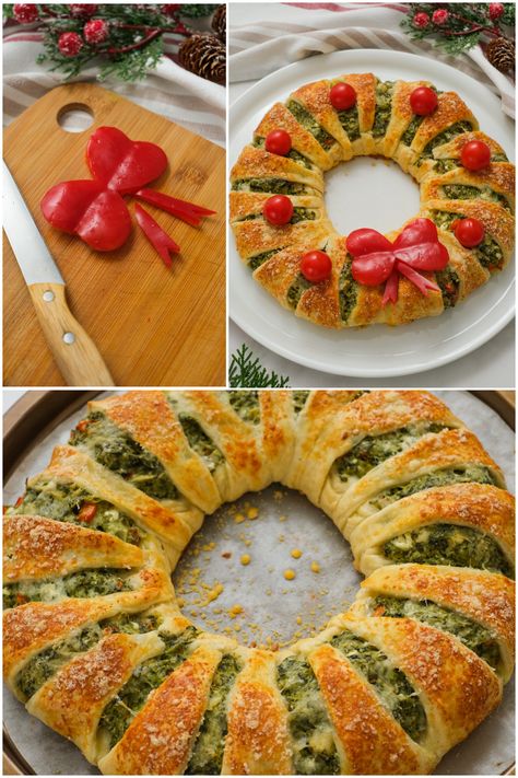 Spinach Dip Crescent Wreath is a show-stopping appetizer with flaky pastry that envelops a cheesy, savory spinach dip--so irresistibly good! Spinach Artichoke Wreath, Spinach Dip Puff Pastry, Crescent Roll Wreath, Christmas Wreath Appetizer, Wreath Appetizer, Warm Spinach Dip, Artichoke Jalapeno Dip, Crescent Rings, Crescent Ring Recipes