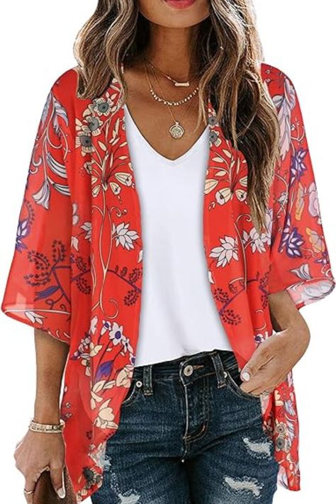 Womens Summer tops like this kimono cardigans, open front beach coverups, Dress as bathing suit shawl has a bit of give to make for a great fit. you’ll land on a beautiful fitting shrug capes to complement your shape and style . Chiffon Beach Cover Up, Gilet Kimono, Floral Kimono Cardigan, Chiffon Cover Up, Kimono Floral, Cardigan Kimono, Stil Boho, Cardigan Casual, Kimono Duster