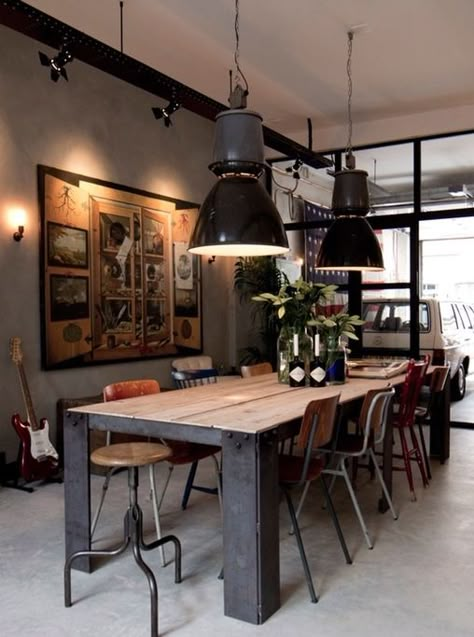 Industrial wooden stool and metal dining chairs in industrial dining room. The oversized black industrial pendant lights are gorgeous above this wood industrial dining table. Industrial Dining Room Lighting, Home Decor Industrial, Dining Room Industrial, Style Dining Room, Industrial Dining Chairs, Industrial Dining Table, Industrial Dining, Industrial Interior Design, Luxury Dining Room