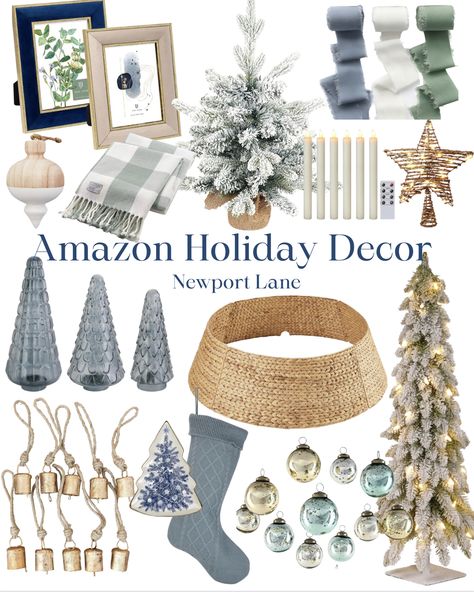 Check out this photo from newport_lane Modern Blue Christmas Tree, Blue Holiday Decor, Winterwonder Land Christmas Decor, Dusty Blue Christmas Decor, Blue And Green Christmas Decor, White Holiday Decor, Green Christmas Tree Decorations, Luxury Christmas Decor, Decor From Amazon