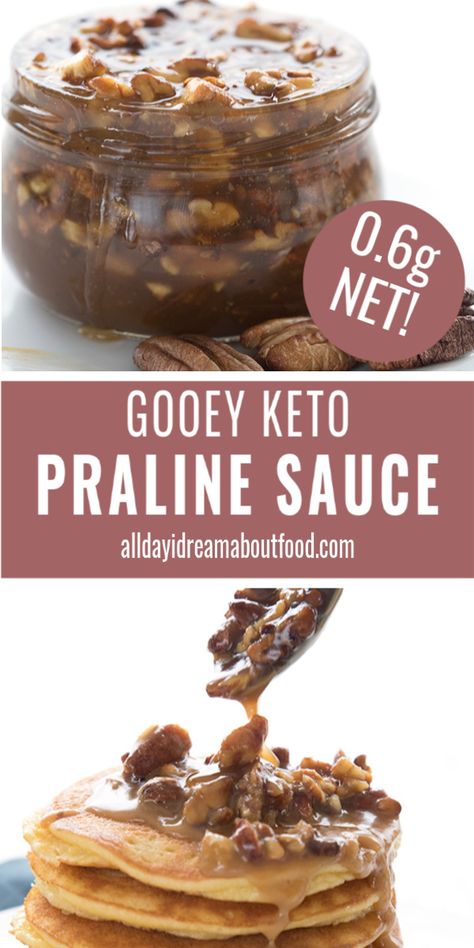 So gooey and delicious, this keto praline sauce is pure heaven over pancakes or ice cream. It also makes a great low carb cheesecake topping. But you might find that you just want to spoon it straight into your mouth! #pralines #pecanrecipes #ketodiet #sugarfree Keto Pralines Recipe, Low Sugar Dinner Recipes, Pecan Praline Sauce, Keto Sauce, Keto Condiments, Keto Dips, Cheesecake Topping, Praline Sauce, Keto Sauces