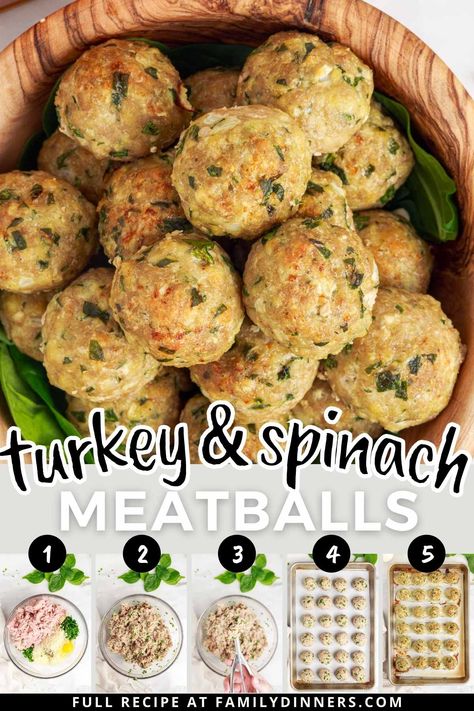 Easy and delicious turkey meatballs recipe. These healthy meatballs are make with turkey, spinach, onions and spices. Ground turkey meatballs are great as appetizers, in spaghetti, pesto pasta, meatball subs, meatball bombs or any recipe you'd use with meatballs. Turkey and spinach meatballs are quick to make with ground turkey. Turkey And Kale Meatballs, Low Carb Ground Turkey Meatballs, What Can I Make With Ground Turkey Meat, Ground Turkey And Onion Recipes, Ground Turkey Spinach Meatballs, How To Make Ground Turkey Meatballs, Keto Ground Turkey Meatballs, Optavia Lean And Green Recipes 5&1 Ground Turkey Meatballs, Spinach And Ground Turkey Recipes