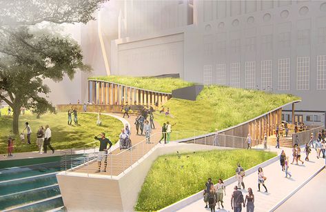 Houston’s Jones Plaza gets a green update by Rios Clementi Hale Studios Green Space Design, Green Roof Design, Plaza Design, Public Space Design, Theater District, Desain Lanskap, Studio Interior Design, Landscape Architecture Design, Green Architecture