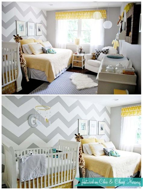 gray nursery Nursery Guest Room, Bright Nursery, White Crib, Yellow Nursery, Parents Room, Dream Nurseries, Shared Room, Gender Neutral Nursery, Baby's Room