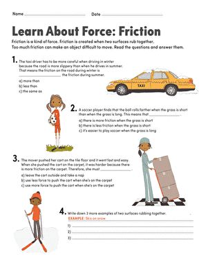 Learn About Force: Friction | Worksheet | Education.com Friction Worksheet, Friction Activities, 5th Grade Science, Force And Motion, Answering Questions, Science Worksheets, 5th Grade Math, English Vocabulary Words Learning, Grade 5