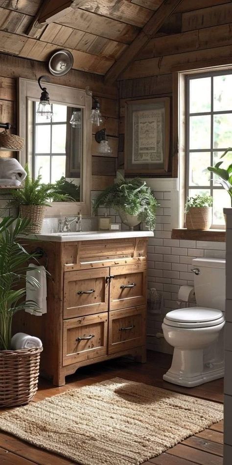 Bathroom In Wooden House, Walk In Shower Rustic, Modern Cottage Core Bathroom, Woodsy Bathroom Ideas, Wood Cabin Bathroom, Cottage Restroom, Concrete And Wood Bathroom, Cozy Cottage Bathroom, Rustic Guest Bathroom