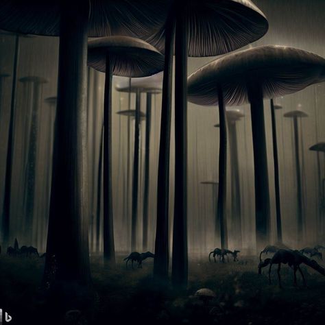 Forest Dystopia, Cryptid Ideas, Giant Mushroom Forest, Eldritch Forest, Dnd Shadow, Dark Mushroom Forest, Alien Forest, Cursed Forest, Forest Hotel