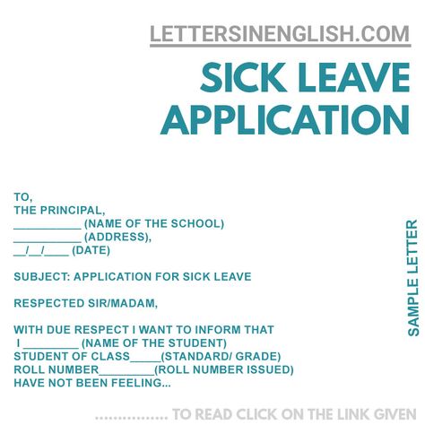 Sample Letter | Sick Leave Application | Application For Sick Leave In English, Sick Leave Application For School, Application Letter Sample, A Formal Letter, Sick Leave, Application Letters, School Template, Effective Study Tips, English Letter