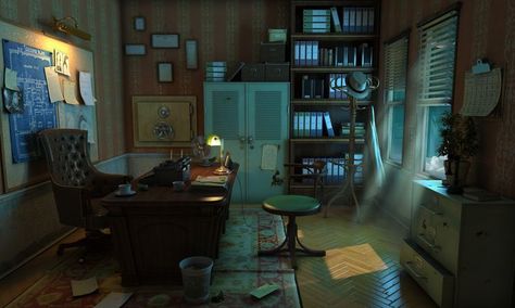 Detective Room Aesthetic, Detective Room, Office Reference, Detective Office, Noir Detective, Game Office, Detective Aesthetic, Escape Games, Bg Design