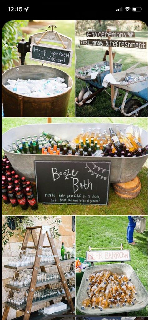 Outdoor Wedding Foods, Drink Station Ideas, Bbq Wedding Reception, Backyard Bbq Wedding, Wedding Alcohol, Wedding Drink Station, Wedding Decorations Ideas, Elopement Party, Diy Backyard Wedding