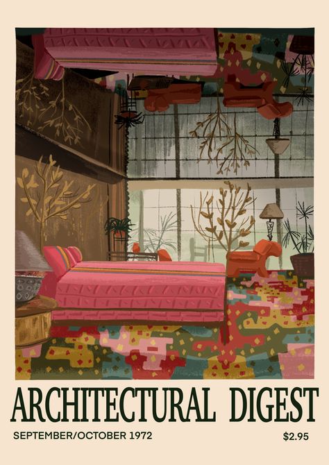 This is a digitally drawn illustration inspired in the cover of the magazine “Architectural Digest” 1972, making it vintage. Architectural Digest Magazine Cover, Architectural Digest Aesthetic, Vintage Architecture Poster, Architectural Digest Poster, Architectural Digest Cover, Architectual Digest, Earthship Design, Architectural Digest Magazine, Memory Palace