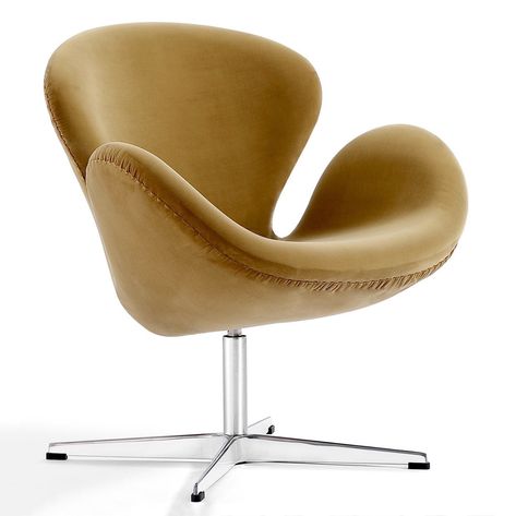 Accent your interior with this true icon of mid-century design: the instantly recognisable Swan Chair by Arne Jacobsen. Originally designed in 1958 for the lobby and reception areas of the Royal Hotel Copenhagen, the Swan was a technologically innovative chair: No straight lines - only curves. A moulded fibreglass shell on an aluminium star swivel base, with a layer of high-density PU foam covering the shell upholstered in fabric or leather. The iconic Swan Chair is one of Arne Jacobsen’s most r Swan Chair Arne Jacobsen, Swan Chair, Royal Hotel, The Lobby, Designer Replica, Arne Jacobsen, Modern Seating, Furniture Designer, Straight Lines