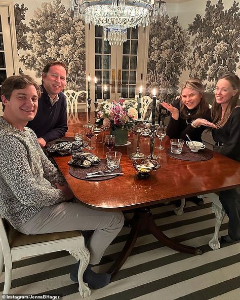 Veranda Dining Rooms, Black And White Wallpaper Dining Room, Striped Wallpaper Dining Room, Black Stripes Wallpaper, Black And White Dining Room, Burlap Easter Wreath, Breakfast Rooms, Jenna Bush Hager, Jenna Bush