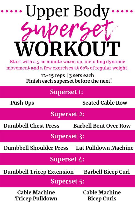 Superset Upper Body Workout, Upper Body Supersets, Upper Body Workout Supersets, Female Upper Body Workout Gym, Upper Body Hypertrophy Workout, Upper Body Emom, Fit Grandma, Upper Body Gym Workout, Upper Body Superset Workout