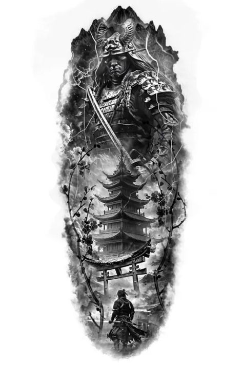 Custom tattoo design - a reflection of your individuality and style, waiting to be etched into reality. Japanese Tattoo Art Half Sleeve, Asian Mountain Tattoo, Japanese Tattoo Sleeve Men, Realistic Japanese Tattoo, Japanese Temple Tattoo Design, Japanese Samurai Tattoo Design, Asian Style Tattoos, Japon Tattoo, Japanese Samurai Tattoo