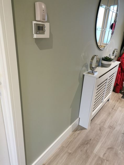 Love this colour by Dulux. Tranquil Dawn, perfect duck egg green Sage And Grey Hallway, Two Tone Hallway Green, Hallway Green Paint, Duck Egg Walls, Pastel Green Hallway, Tranquil Dawn Dulux Paint Kitchen, Dulux Pale Sage, Pale Green Hallway Ideas, Green Hall Stairs And Landing