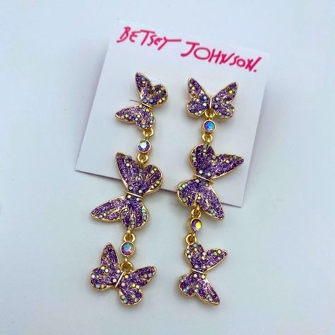 Nwt -Purple Gem & Glitter Encrusted Butterflies -Three Butterflies Per Earring -Top & Bottom Butterflies Inverted For A Classically Betsey Mismatched Look -Adorable “Bj” Initials & Rhinestone On The Bottom Back Of One Earring! Three Butterflies, One Earring, Purple Gems, Jewelry Accessories Ideas, Accessories Ideas, Betsey Johnson Jewelry, Betsy Johnson, Body Jewellery, Long Earrings