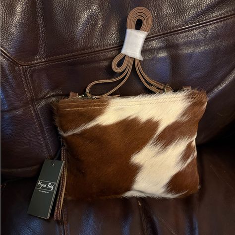 Nwt Myra Cowhide Purse Brown And White Cow Print With Brown Leather On The Opposite Side Brand New Brown And White Cow, White Cow Print, Cowhide Purse, White Cow, Cow Print, Brown Leather, Cow, Bag Lady, Purse