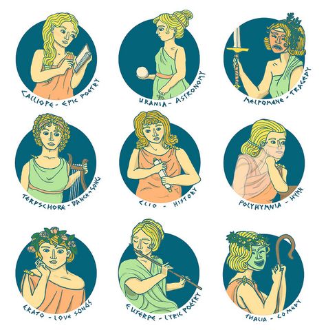 Oh my gosh! I just found out that the muse of comedy's name was Thalia!!!!! How did I not know this before!!! Greek Muses Illustration, The Muses, Greek Muses, Couple Drawing, Goddess Of The Hearth, Zeus And Hera, Daughter Of Zeus, Greek Mythology Tattoos, Greek Mythology Humor