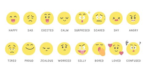 Vector set of face emotions. Emoticons or feelings clipart. Cartoon emoji set. Happy, sad, excited, calm, surprised, scared, shy, angry, tired, proud, jealous, worried, silly, bored, loved, confused Jealous Emoji, Jealous Face, Excited Emoji, Worried Face, Scared Emoji, Tired Face, Emoji People, Face Emotions, Emoji Quotes