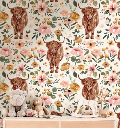 Cows And Flowers Nursery, Cow Wallpaper Bedroom, Western Floral Nursery, Hyland Cow Wallpaper, Western Baby Girl Nursery Wallpaper, Pink Highland Cow Nursery, Highlander Cow Wallpaper, Southwestern Nursery Girl, Fluffy Cow Nursery