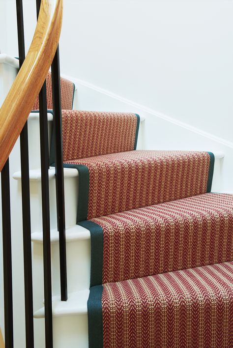 Colourful stair runner with red and neutral detailing and a dark blue border Family Home Interior Design, Family Home Interior, Staircase Carpet Runner, Architecture London, Circular Stairs, Staircase Runner, Beautiful Stairs, London Family, Interior Design London