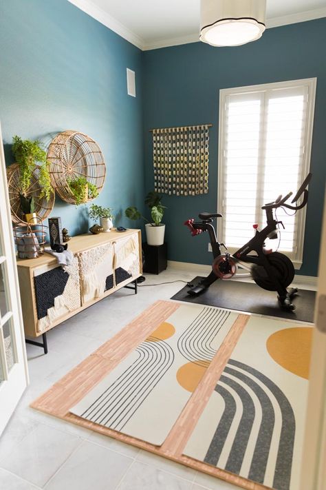 Peloton workout room ideas Peloton Room Ideas Office, Peloton Workout Room, Yoga Guest Room, Workout Room Ideas, Small Yoga Room, Peloton Room Ideas, Small Workout Room, Room Ideas Basement, Peloton Room