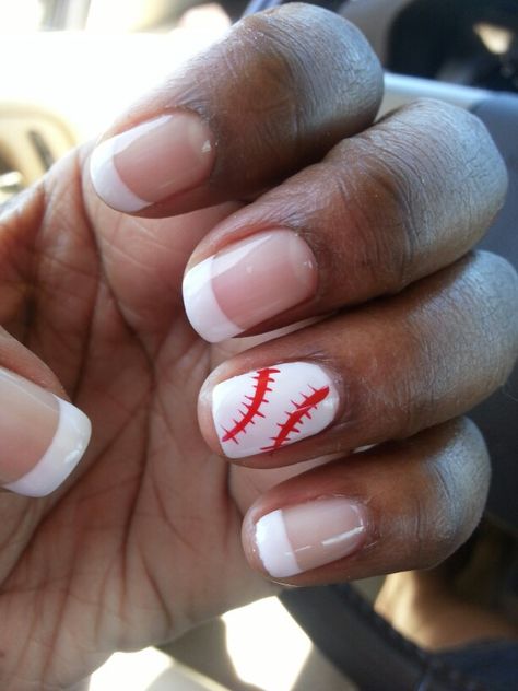 My baseball nails! Baseball Inspired Nails, Orange Baseball Nails, Short Baseball Nails, Baseball Pedicure Ideas, Baseball French Tip Nails, Simple Baseball Nails, Phillies Nail Design, Baseball Gel Nails Ideas, Baseball Toe Nail Designs