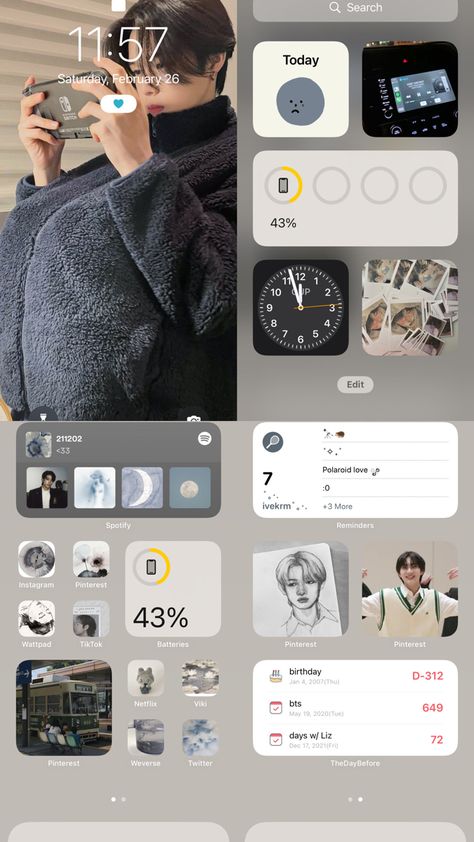 Widget Inspiration, Ios 16 Layout Ideas Dark, Widget Layout, Widgets Iphone, Jjk Ios Layout, Widget Ideas, Wallpaper Layout, Manga Homescreen Layout, Aesthetic Kpop Phone Layout