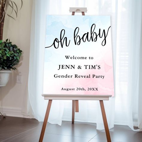 Oh Baby Welcome Sign Pink Blue Gender Reveal Sign #zazzle #weddinginvitations #birthdayinvitations #babyshowerinvitations #zazzleinvitations #monogram #businesscards #graduation #homedecor Welcome Calligraphy, Pink Blue Gender Reveal, Blue Gender Reveal, Gender Reveal Signs, Baby Welcome, Watercolor Baby Shower, Watercolor Designs, Baby Shower Supplies, Baby Shower Party Supplies