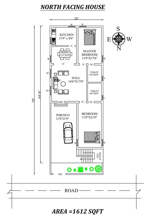 AutoCAD DWG file shows 25'X70' Amazing North facing 2bhk house plan as per Vastu Shastra. The Buildup area of this house plan is 1612 sqft. The master bedroom is in the southwest direction with the attached toilet in the West and the children's bedroom is in the northwest direction and the attached toilet is in the west direction. kitchen is placed in the southeast, Dining room available in the east. Hall and portico are available in the northeast direction. Staircase placed in the northwest dir 25x70 House Plan, 25×50 House Plan, Old House Design, West Facing House, Budget House Plans, North Facing House, House Models, Small Apartment Building, Vastu House