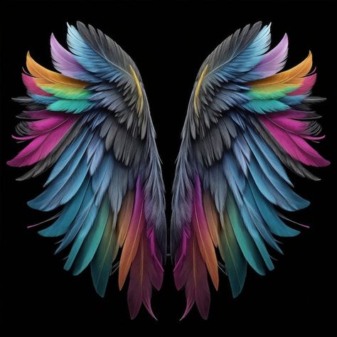 Photo angel wings with colorful feathers | Premium Photo #Freepik #photo Angel Wings Aesthetic, Rainbow Angel Wings, Wings Images, Angel Wings Images, Angel Wings Painting, Magic Wings, Angel Wings Art, Feather Angel Wings, White Angel Wings