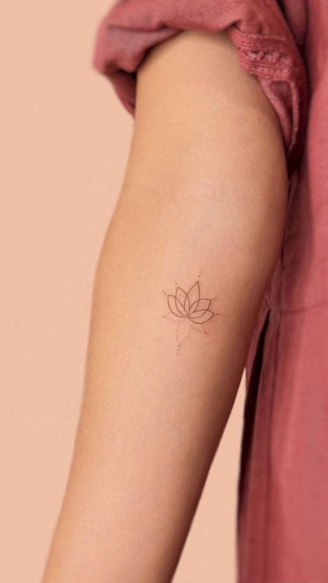 Minimalist hand poked lotus flower tattoo on the inner Lotus Yoga Tattoo, Buddhist Flower Tattoo, Lotus Flower Tattoo Small Arm, Buddhist Lotus Tattoo, Fine Line Lotus Flower Tattoo, Lotos Flowers Tattoo, Lotus Tattoo Minimalist, Lotus Tattoo Wrist, Fine Line Lotus Tattoo