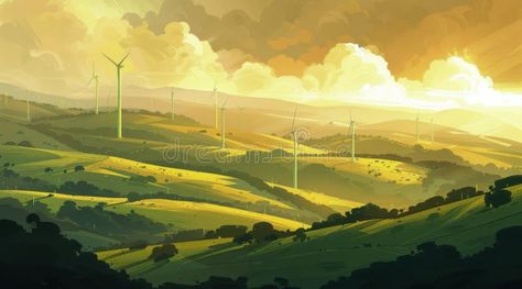 Hilly Landscape With Wind Turbines stock photo Wind Turbine Painting, Wind Turbine, Photo Image, Stock Photos