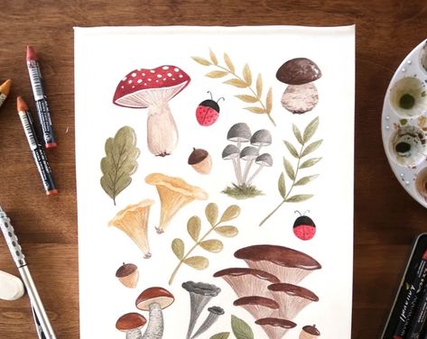 JustineDutil - Etsy Canada Watercolor Mushroom, Illustration Stationery, Mushroom Paint, Watercolor Birthday Cards, Friends Illustration, Autumn Illustration, Watercolor Birthday, Shop Illustration, Fall Items