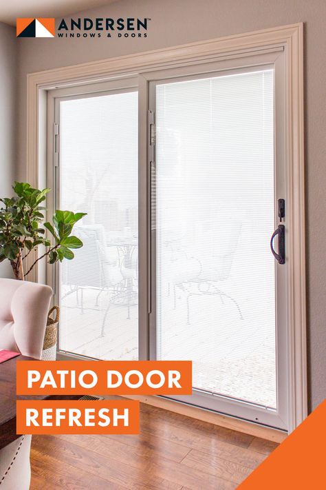 Sliding Door With Blinds Built In, Sliding Glass Door With Built In Blinds, Sliding Glass Doors With Blinds Inside, Sliding Patio Doors With Blinds, Sliding Doors With Blinds, Sliding Glass Door Trim Ideas Interior, Patio Doors With Built In Blinds, Sliding Door Blinds Ideas Living Room, Sliding Door Blinds Ideas