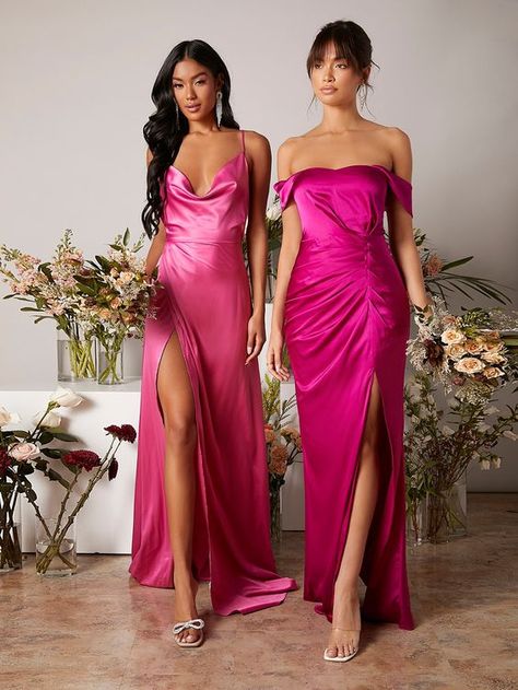 Fuscia Satin Dress, Hot Pink Dress Bridesmaid, Satin Hot Pink Dress, Fuschia Satin Dress, Hot Pink Bridesmaid Dress, Pink Dress Hairstyle, Hot Pink Wedding Guest Dress, Fuchsia Dress Outfit Wedding, Hot Pink Dress Outfit Wedding